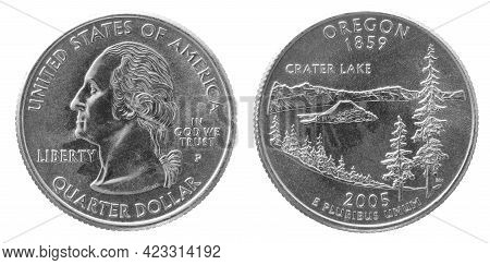 Obverse And Reverse Of 2005 Quarter Dollar Cupronickel Us Coin Isolated On White Background