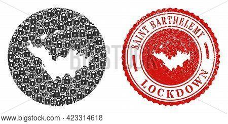 Vector Mosaic Saint Barthelemy Map Of Locks And Grunge Lockdown Stamp. Mosaic Geographic Saint Barth