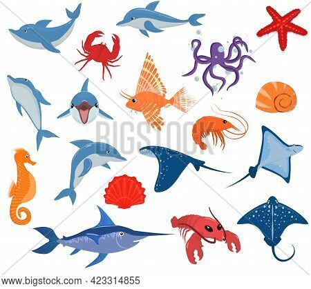 A Set Of Vector Illustrations With The Inhabitants Of The Sea. A Variety Of Mammals, Fish And Shellf
