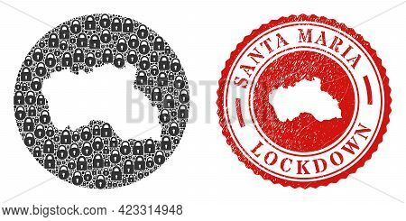 Vector Mosaic Santa Maria Island Map Of Locks And Grunge Lockdown Stamp. Mosaic Geographic Santa Mar