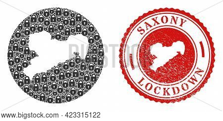 Vector Collage Saxony Land Map Of Locks And Grunge Lockdown Seal Stamp. Mosaic Geographic Saxony Lan