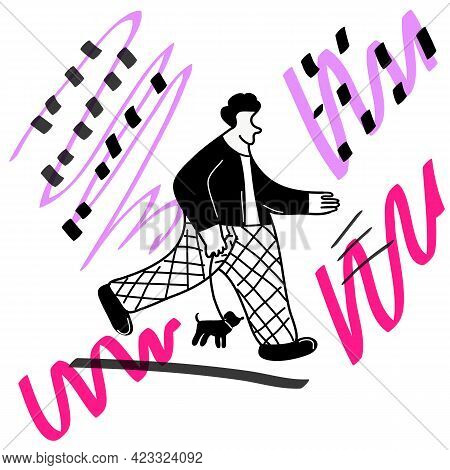 A Man Is Walking With His Dog. Caring For A Four-footed Friend. Vector Illustration In A Flat Style