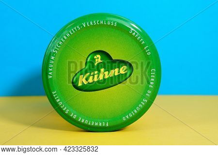 Tyumen, Russia-april 17, 2021: Kuhne Logo On The Lid. Mustard, Horseradish, Sauces, Vinegars, Canned