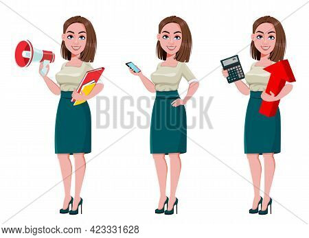 Young Successful Business Woman, Set Of Three Poses. Cute Businesswoman Cartoon Character. Stock Vec