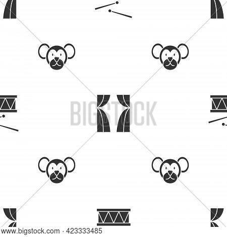 Set Drum With Drum Sticks, Circus Curtain Raises And Monkey On Seamless Pattern. Vector