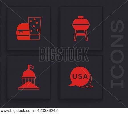 Set Usa Independence Day, Burger, Barbecue Grill And White House Icon. Vector