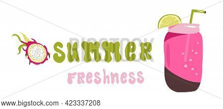 Pitaya Hand Drawn Illustration. Tropical Exotic Dragon Fruit. A Source Of Linoleic Acid. Summer Fres