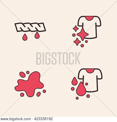 Set Dirty T-shirt, Squeeze Clothes, Drying And Water Spill Icon. Vector
