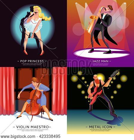 Music 2x2 Concept Banners Presenting Pop Princess Jazz Man Violin Maestro And Metal Icon Cartoon Vec