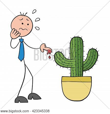 Stickman Businessman Character Touches The Cactus Thorn And His Finger Bleeds, Vector Cartoon Illust