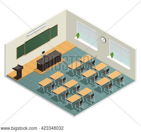 Lecture Room With Big Chalk Board Desks Massive Black Table For Lecturer And Tribune Isometric Poste
