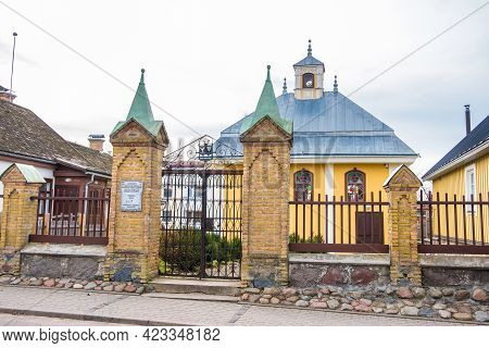 Trakai, Lithuania - February 16, 2020: The Karaim Kenesa. Trakais Karaim Kenesa Is A Surviving Woode