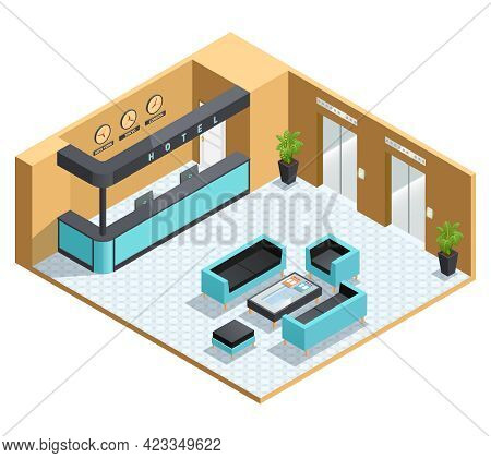 Color Isometric Illustration Depicting Hall Interior Vector Illustration