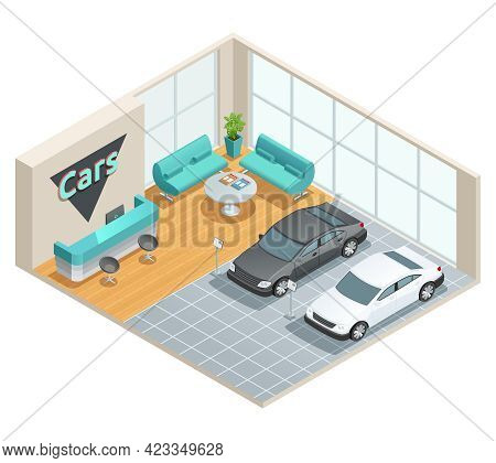 Color Isometric Design Of Cars Hall With Reseption Vector Illustration
