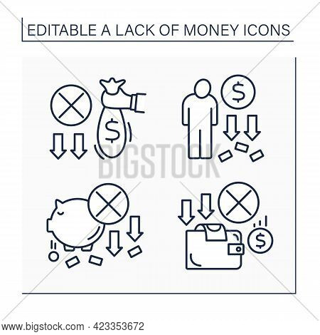 Money Lack Line Icons Set. Loses Saving Money. Piggybank. Unprofitable Investment. Poverty. Poorness