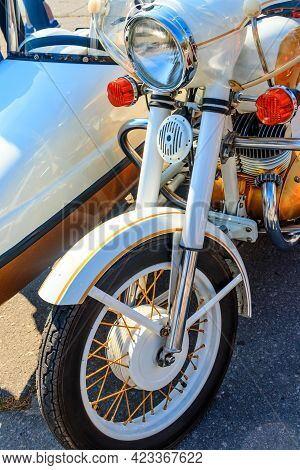 Retro Tricar. Three-wheeled Motorcycle On City Street