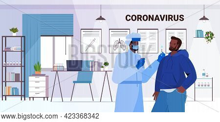 Doctor In Mask Taking Swab Test For Coronavirus Sample From Man Patient Pcr Diagnostic Procedure Cov