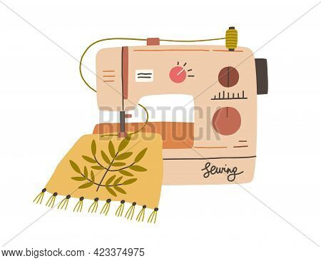 Modern Embroidery Machine With Thread Spool Embroidering On Canvas. Process Of Needlework Creation O