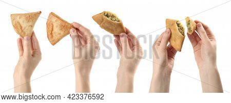 Women Holding Fresh Delicious Crispy Samosas On White Background, Closeup. Collage
