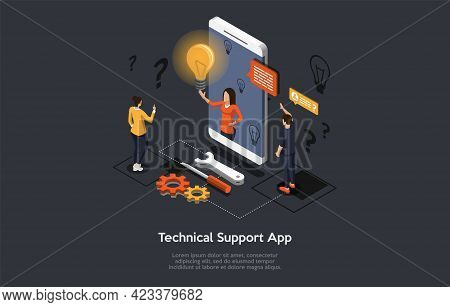 Composition With People And Objects On Dark Background. Vector Isometric Illustration, Cartoon 3d St