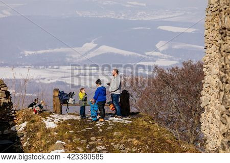 Family On Bench, Mom Dad Two Children Drinking Tea, Panoramic View, Medieval Gothic Castle Kostomlat
