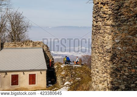 Family On Bench, Mom Dad Two Children Drinking Tea, Panoramic View, Medieval Gothic Castle Kostomlat