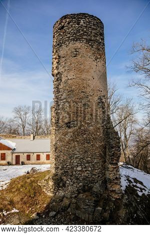 Medieval Gothic Castle Kostomlaty Or Sukoslav , Grey Stone Ruin On Hill At Sunny Winter Day, Ancient