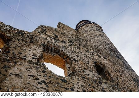 Medieval Gothic Castle Kostomlaty Or Sukoslav , Grey Stone Ruin On Hill At Sunny Winter Day, Ancient
