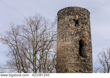 Medieval Gothic Castle Kostomlaty Or Sukoslav , Grey Stone Ruin On Hill At Sunny Winter Day, Ancient