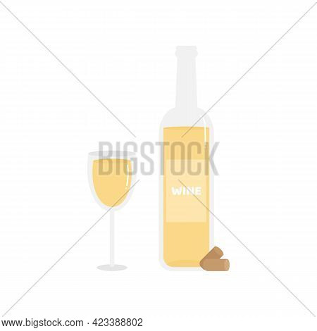 Glass And Bottle Of White Wine Vector Cartoon Style Illustration.