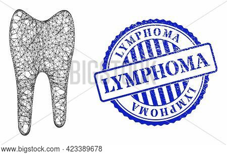 Vector Network Tooth Frame, And Lymphoma Blue Rosette Scratched Stamp Seal. Crossed Frame Network Sy
