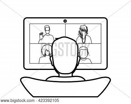 Rear View Of A Person Talking To Colleagues, Friends Or Patients. Online Video Communication. A Grou