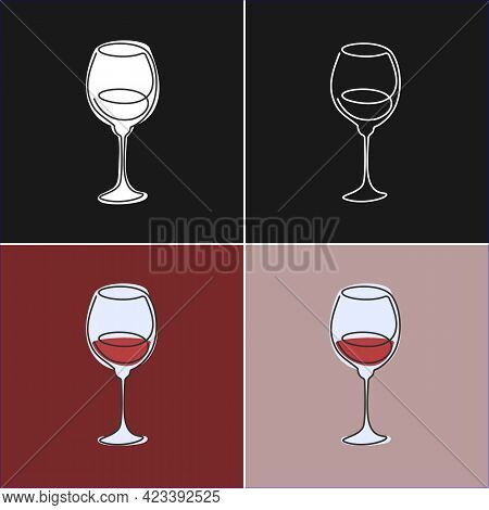 One Line Drawing Red Wine Glass On Various Background. Four Types Of Images. Colored Cartoon Graphic