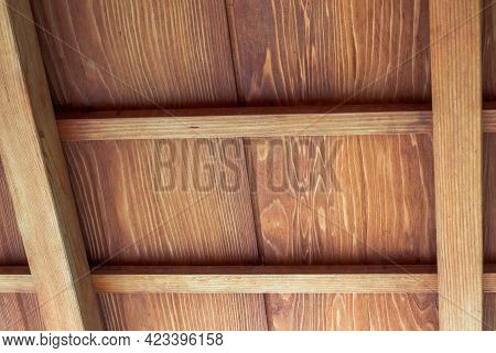 Wooden Beams In A Ceiling Of A Gazebo In The Japanese Garden