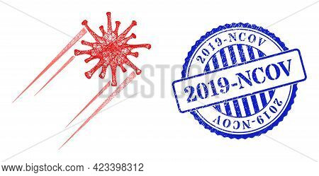 Vector Net Mesh Rush Covid Virus Carcass, And 2019-ncov Blue Rosette Textured Seal Print. Hatched Ca