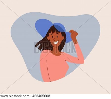 Happy Smiling Female Character Is Holding Her Hat On Wind. Young Woman Is Holding Her Blue Hat On He