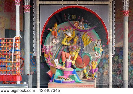 Goddess Durga Idol Decorated At Puja Pandal In Kolkata, West Bengal, India. Durga Puja Is Biggest Re
