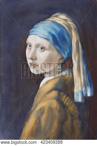 A Girl With A Pearl Earring Watercolor Copy