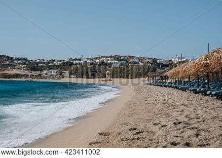 Kalafati, Greece - September 23, 2019: Waves Washing On Kalafati Beach, A Popular Beach In Mykonos F