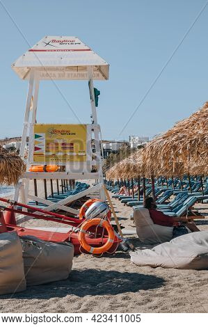 Kalafati, Greece - September 23, 2019: Bayline Services Lifeguard Station On Kalafati Beach, A Popul