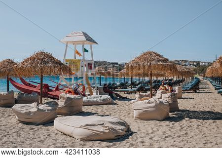 Kalafati, Greece - September 23, 2019: Lifeguards Relaxing By The Station On Kalafati Beach, A Popul