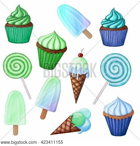 Green And Blue Sweets And Candy Tasty Set
