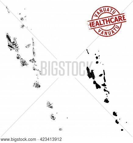 Vector Drugs Composition Map Of Vanuatu Islands. Rubber Health Care Round Red Badge. Template For Na