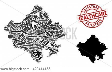 Vector Narcotic Collage Map Of Rajasthan State. Rubber Healthcare Round Red Watermark. Template For 