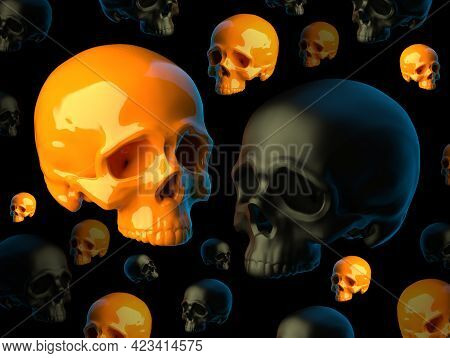 Abstract Composition With Flying Sculpted Red Plastic And Green Wax Skulls Without Lower Jaws Isolat