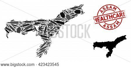 Vector Addiction Composition Map Of Assam State. Scratched Health Care Round Red Imprint. Concept Fo