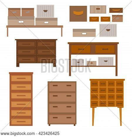 Set Of Modern Wooden Furniture For Home Office Or Bedroom, Living Room. Chest Of Drawers, Wardrobes,