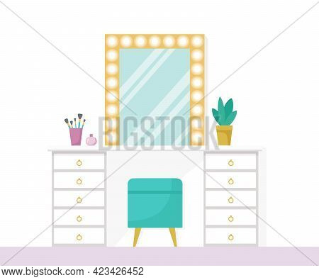 Flat Vector Illustration With Make Up Vanity Table, Mint Poof, Gold Mirror With Lights Isolated On W