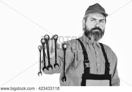 In Repairing Cars Main Role Is To Diagnose Problem Accurately And Quickly. Man Hold Wrench Tools. Wr