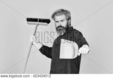 Garbage Removal. Cleaning Day. Cleaning Agency. Worker With Brush. Cleaning Equipment. Yardman Occup